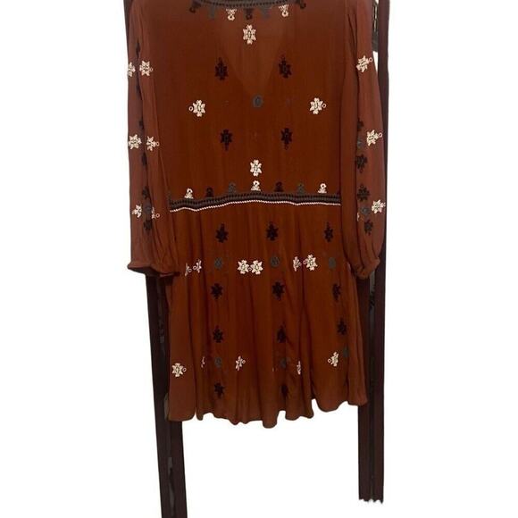 Free People Anthropologie Womens Brown Floral Embroidered Floral Mini Dress XS - Picture 7 of 8